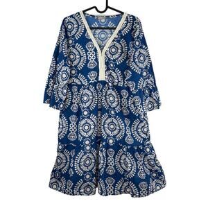 Saiph Lab Tiered Bell Sleeve Santorini Dress Size Large Blue White Resortwear